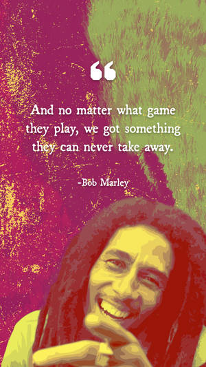 Bob Marley 微笑著，引用關於遊戲和精神的語句。