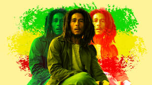 Bob Marley 肖像，帶有綠色、黃色和紅色潑濺背景。