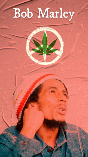 Bob Marley 戴著帽子和牛仔襯衫，上方有和平標誌和大麻葉。