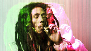 Bob Marley 抽大麻煙，帶有故障藝術效果的綠色和粉紅色效果。
