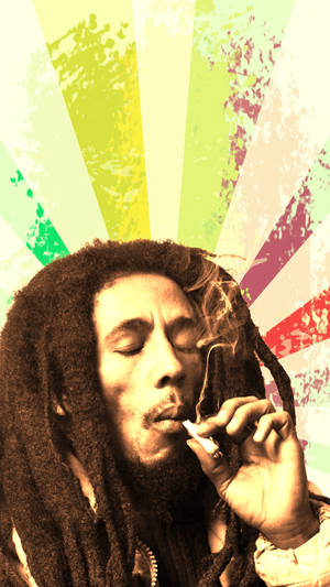 Bob Marley 閉著眼睛抽煙，背景是色彩繽紛的日出光芒。