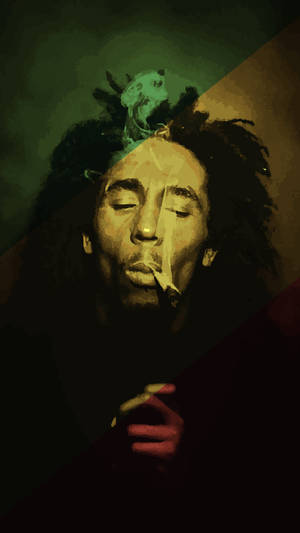Bob Marley 在風格化肖像中閉著眼睛抽大麻煙。