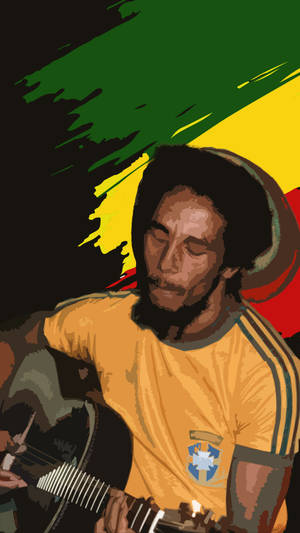 Bob Marley 在色彩繽紛的背景前彈結他