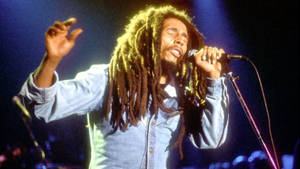 Bob Marley 在舞台上高舉雙臂，閉上眼睛熱情地唱歌。