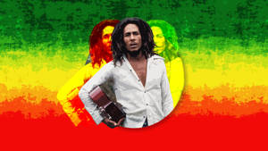 Bob Marley 喺色彩繽紛嘅漸變背景前揸住結他。