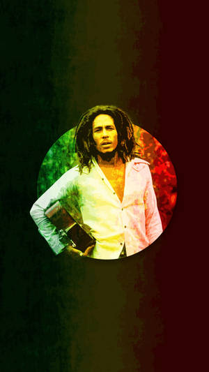 Bob Marley 在色彩繽紛的圓形肖像中手持結他。