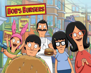 Bob's Burgers 一家在餐廳前微笑，旁邊有一個巨大的漢堡。