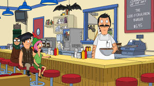 Bob's Burgers 角色在復古餐廳櫃檯前，配有紅色凳子和藍色燈光。
