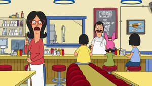 Bob's Burgers 角色在一個有紅色凳子和黑板菜單的復古餐廳裡。 — 卡通 壁紙