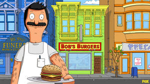 Bob Belcher 在 Bob's Burgers 餐廳前拿著一個漢堡。