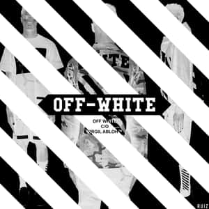 黑白對角線條圖案，帶有碎片化的時裝模特兒圖像和 Off White 標誌。