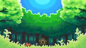 像素森林與小屋，晴朗天空