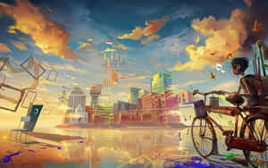 一位單車手在日落時分騎行穿過夢幻般的城市，有漂浮的物體和音符。 — 靚靚動畫 壁紙