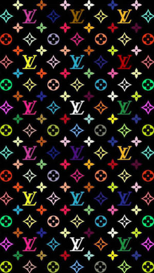 黑色背景上佈滿色彩繽紛的重複 Louis Vuitton 標誌。 — 凌志標誌 GIF 壁紙