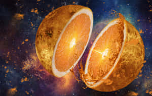 一個宇宙橙色星球被切開，在繁星點點的星雲背景下露出發光的柑橘瓣。
