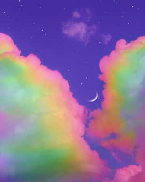 彩虹雲朵環繞著一彎新月，背景是繁星點點的紫色天空。 — 彩虹美學 壁紙