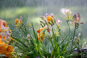 雨滴在陽光照耀的花園中，在色彩繽紛的花朵上閃爍。 — MacBook Pro 壁紙