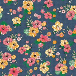 深藍色背景上帶有芙蓉花的熱帶花卉圖案。 — Tumblr 文青風格 壁紙