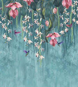青綠色圖案植物插圖中的蘭花和蜂鳥。 — 紫色花朵 壁紙