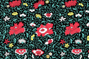 大膽的花卉圖案，黑色背景上點綴紅、白、黃色花朵 — Surface Laptop 壁紙