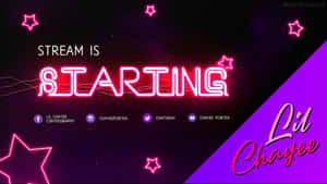 深紫色背景上帶有社交媒體圖標和星星的螢光粉紅色「STREAM IS STARTING」文字。 — 5120x2880 壁紙