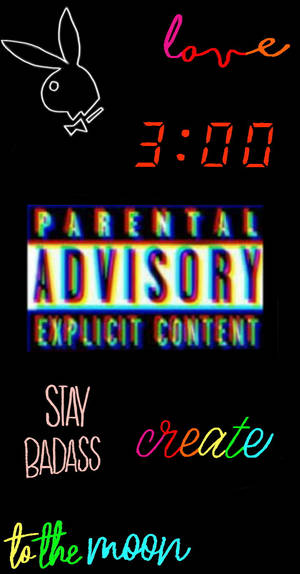 黑色背景上發光的霓虹文字和標誌，包括 Playboy、Parental Advisory 和勵志短語。 — Cia標誌 壁紙