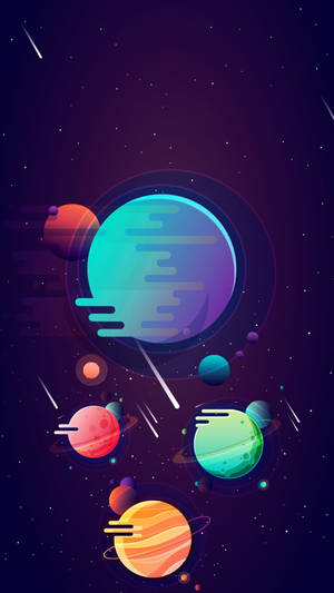帶有環的彩色卡通行星在流星墜落的星空紫色夜空中飄移。 — 行星 壁紙