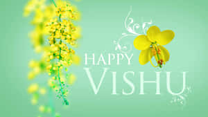 Happy Vishu 賀卡，帶有黃色花朵和薄荷綠色背景 — 16:9 壁紙