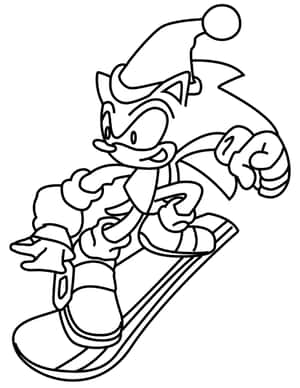 Sonic the Hedgehog 戴著小丑帽滑雪，帶有運動線條。
