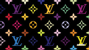 黑色背景上色彩繽紛的 Louis Vuitton 字母組合和花卉圖案。 — 路易威登 壁紙