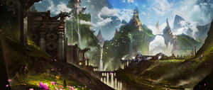 一位孤獨的旅人在充滿活力的奇幻山谷中探索古老廢墟，山谷中有浮空島嶼和瀑布。