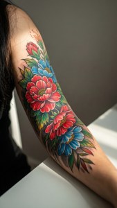 柔和自然光下，一個人手臂上充滿活力的紅色和藍色花卉紋身。 — iPhone 7 Plus 壁紙