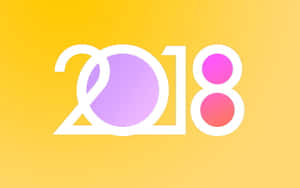 黃色背景上帶有彩色圓圈的粗體白色2018 — 霓虹紅美學 壁紙