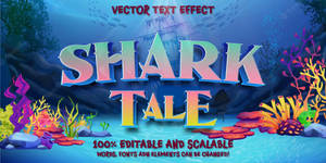 色彩繽紛的珊瑚礁，水底「SHARK TALE」文字背後有沉船