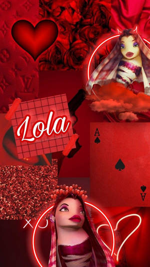 紅色主題動漫拼貼畫，包含心形、玫瑰、紙牌和閃粉，並帶有名字 Lola。