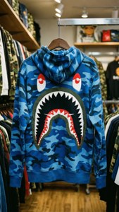 藍色迷彩連帽衛衣，帶鯊魚嘴設計，掛在服裝店中。 — Bape GIF 壁紙