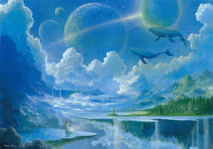 鯨魚在寧靜的湖泊和山脈上方，在行星和雲朵之間游動。