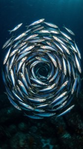 銀色魚兒在水下以緊密圓形隊形游動形成的螺旋。