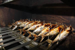 魚串在煙燻爐中燒烤，皮焦黑。 — 美食 壁紙