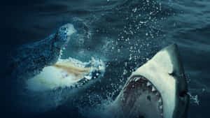 大白鯊和鱷魚在海水中打鬥