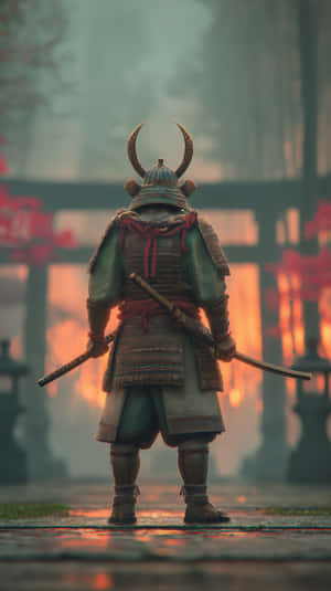 身穿全套盔甲的武士戰士手持兩把劍站在日落時分的神社前 — 史詩 壁紙