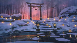 被雪覆蓋的鳥居，燈籠在暮色中倒映在冰冷的水中。 — 燈籠 壁紙