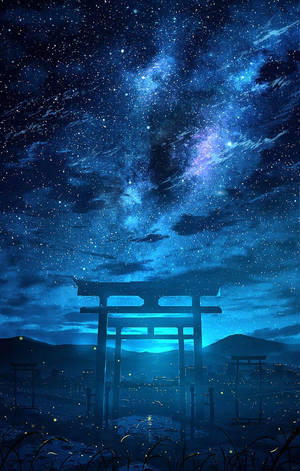 在發光的藍色星空和宇宙雲層下呈現剪影的鳥居。 — Lenovo Idea Tab Pro 壁紙
