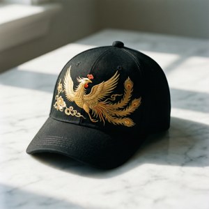 陽光下大理石表面上的黑色帽子，帶有金色鳳凰刺繡