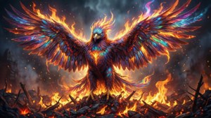 一隻神話中的鳳凰從火焰中升起，擁有色彩繽紛的羽毛和發光的眼睛。