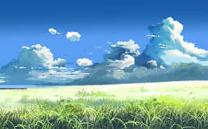 陽光草地，藍天白雲，遠山。