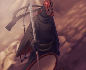 動漫忍者戴紅色面具和法杖，在黃昏時分站在沙漠中。