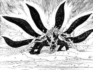 一隻帶有鋒利爪子的骨骼九尾狐從旋轉的沙中出現，以黑白漫畫風格呈現。 — 火影忍者 壁紙