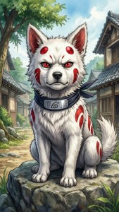 一隻帶有紅色標記和發光眼睛、戴著忍者頭帶的白狐坐在日本村莊的石頭上。