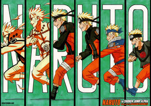 Naruto Uzumaki 在綠色背景上以六個動作姿勢呈現，並帶有大型白色字樣。